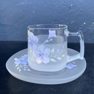 Frosted Square Glass Cup & Saucer Tropical Floral Punch Design.